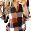Womens Basic Casual V Neck Plaid Print Cuffed Long Sleeve Work Tops Blouses Shirts S-3XL