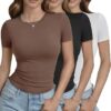 3 Pack Basic Tees for Women - Crew Neck Slim Fit Tight T Shirts Cute Y2K Trendy Crop Tops Clothes for Casual